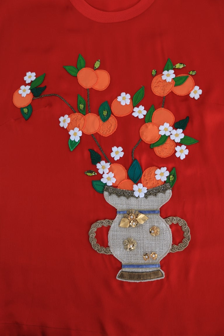 - Elegant Red Silk Crystal-Embellished Blouse