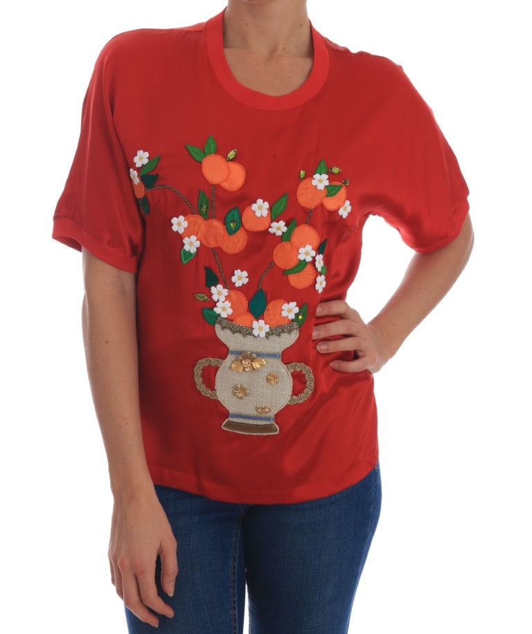 - Elegant Red Silk Crystal-Embellished Blouse