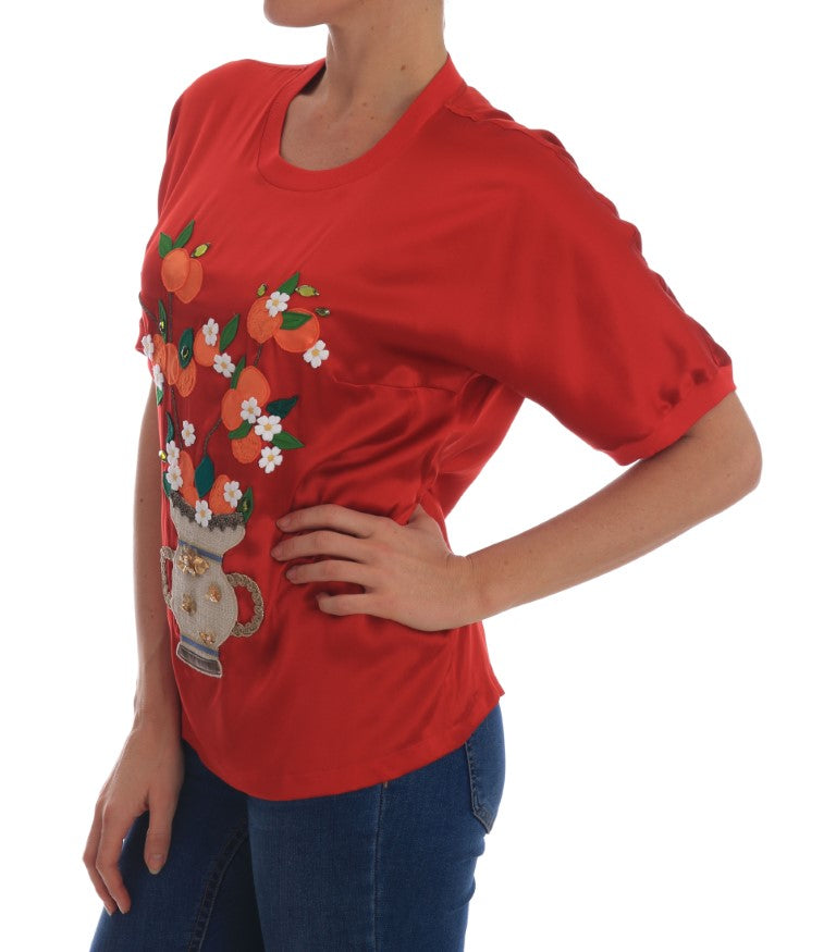 - Elegant Red Silk Crystal-Embellished Blouse
