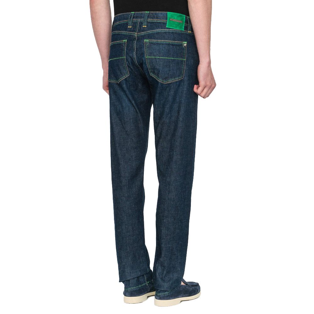 Tramarossa Men's Blue Cotton Jeans with Green Stitching & Suede Logo Patch