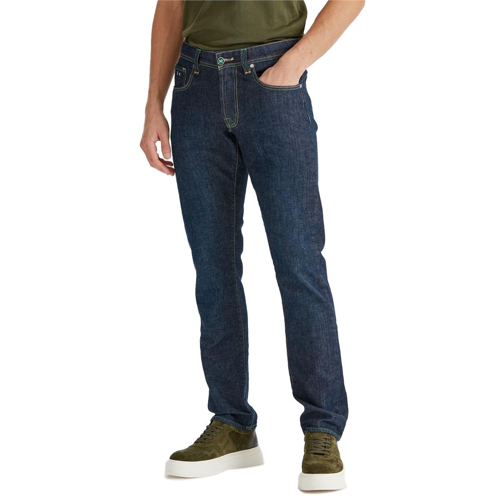 Tramarossa Men's Blue Cotton Jeans with Green Stitching & Suede Logo Patch