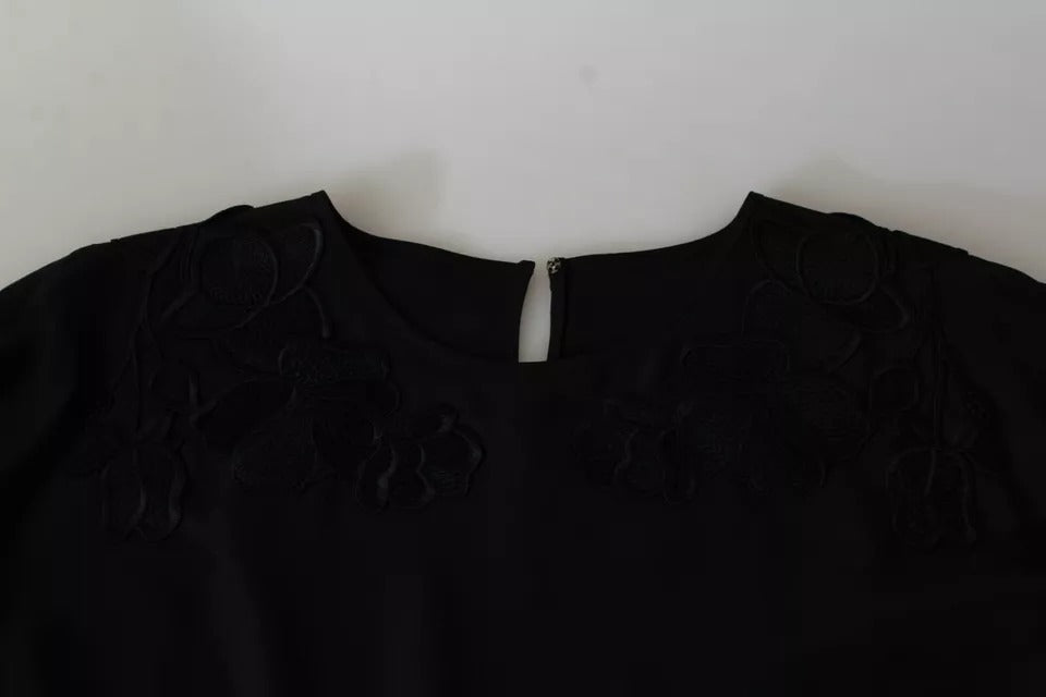 Dolce & Gabbana Black Floral Embroidered 3/4 Sleeve Silk Blouse Top
