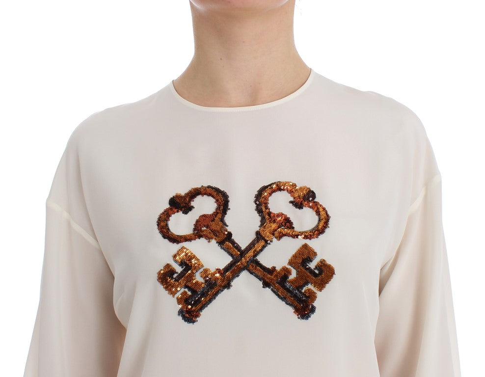 - Ivory Sequined Silk Blouse Top