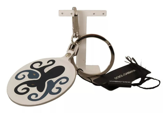 Dolce & Gabbana White Leather Printed Metal Silver Tone Keychain