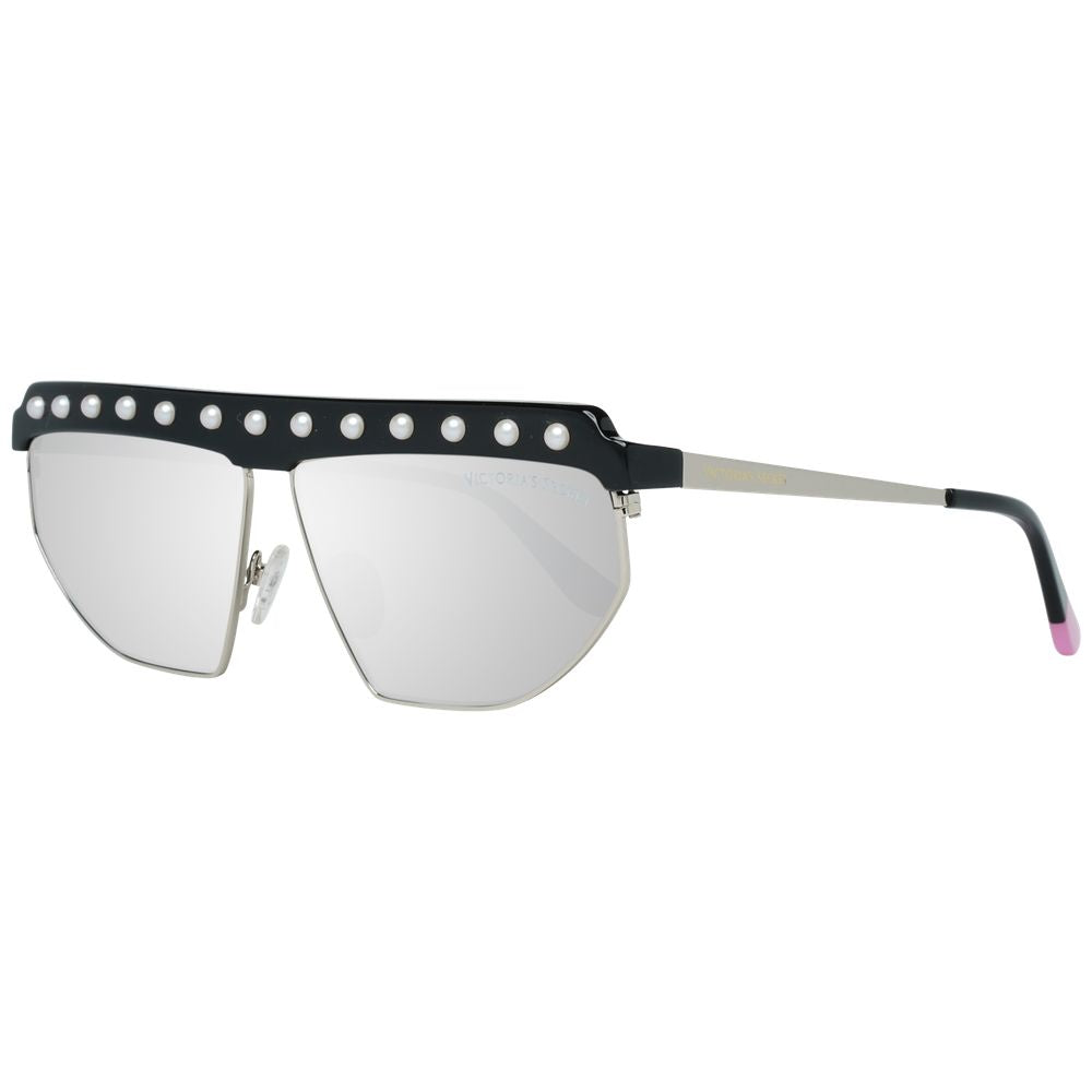 Victoria's Secret Black Metal Sunglasses – Chic Oval Design with Mirrored Grey Lenses, 64mm