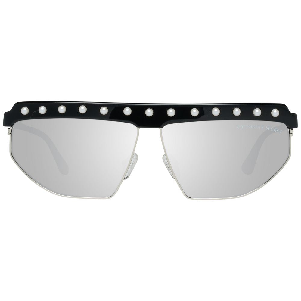 Victoria's Secret Black Metal Sunglasses – Chic Oval Design with Mirrored Grey Lenses, 64mm