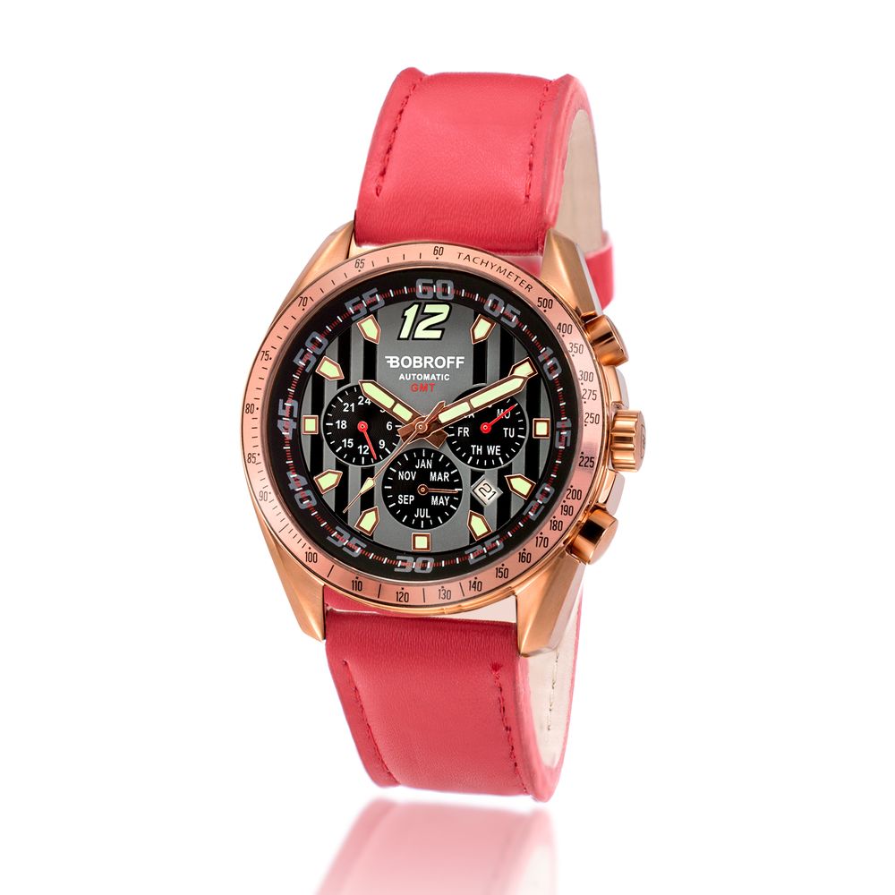 Bobroff Red Leather Automatic Men's Watch – 42mm Bronze Case