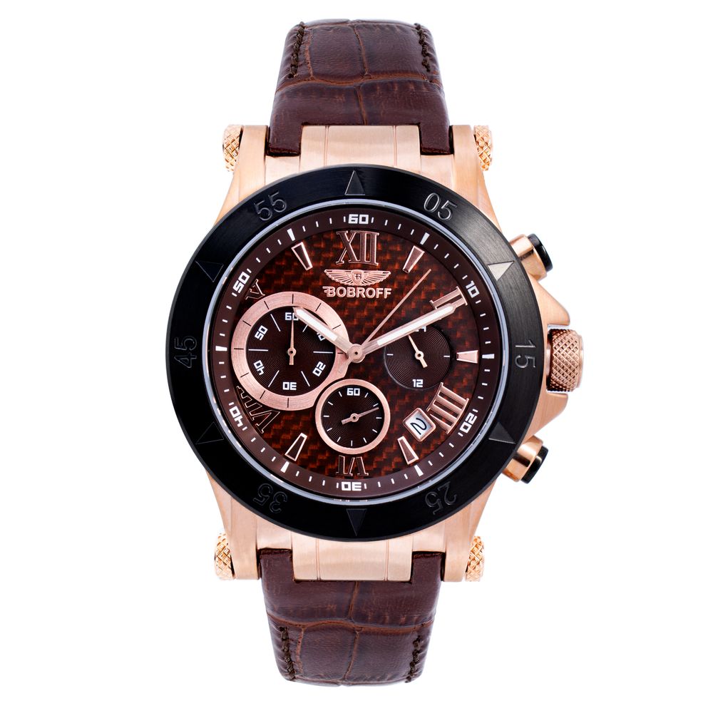 Bobroff Brown Leather Men's Quartz Watch – 44mm
