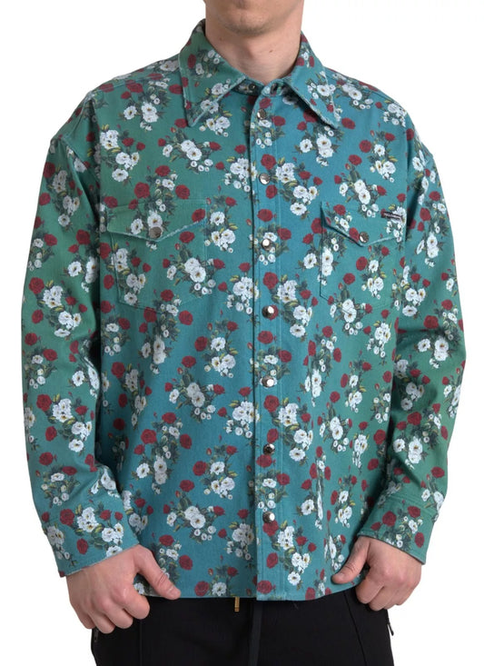 Dolce & Gabbana Blue Floral Cotton Button Down Denim Shirt for Men