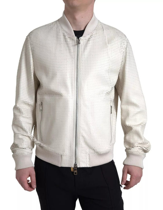 Dolce & Gabbana Off White Leather Perforated Zip-Up Jacket
