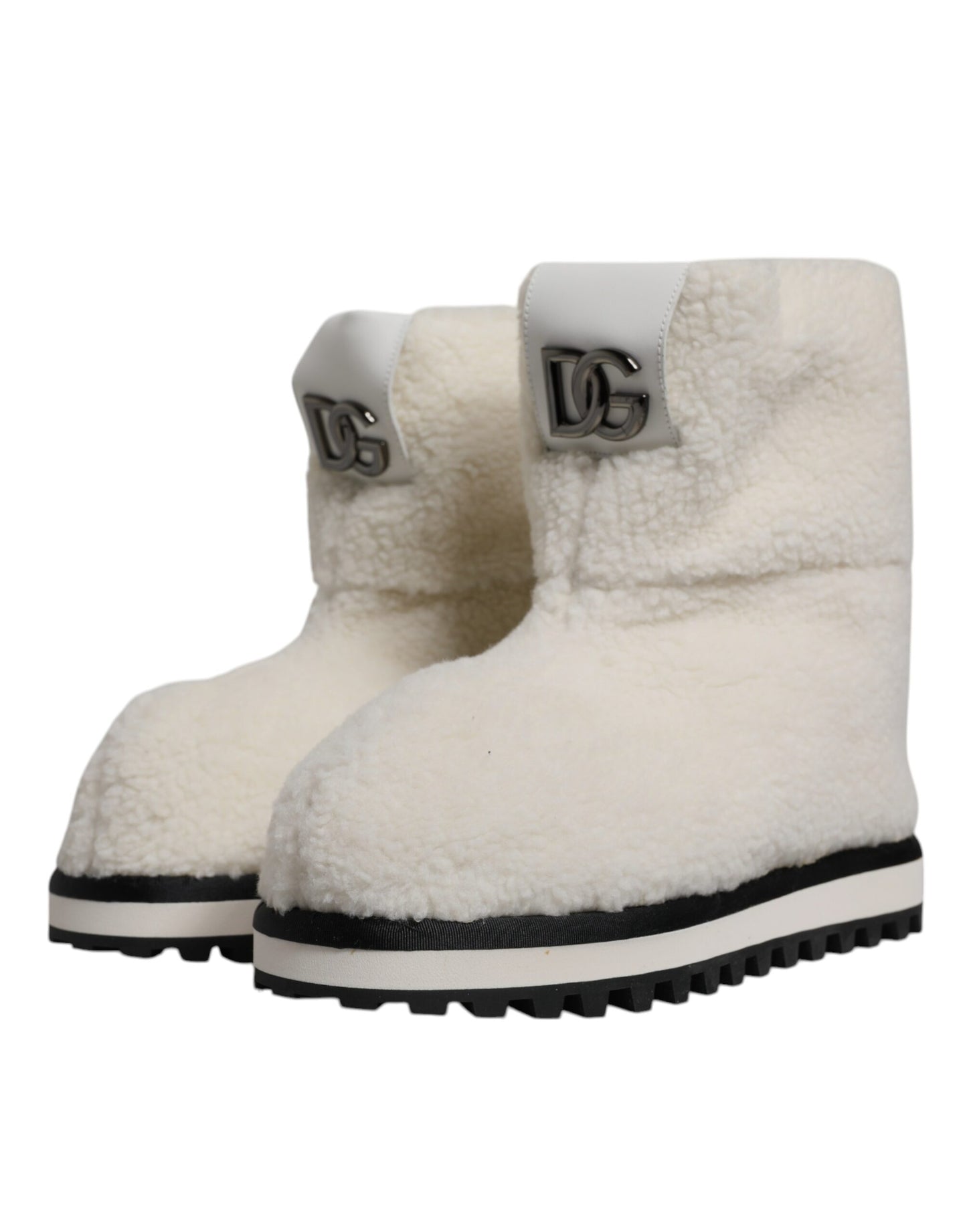 Dolce & Gabbana White Plush Logo Padded Mid Calf Boots