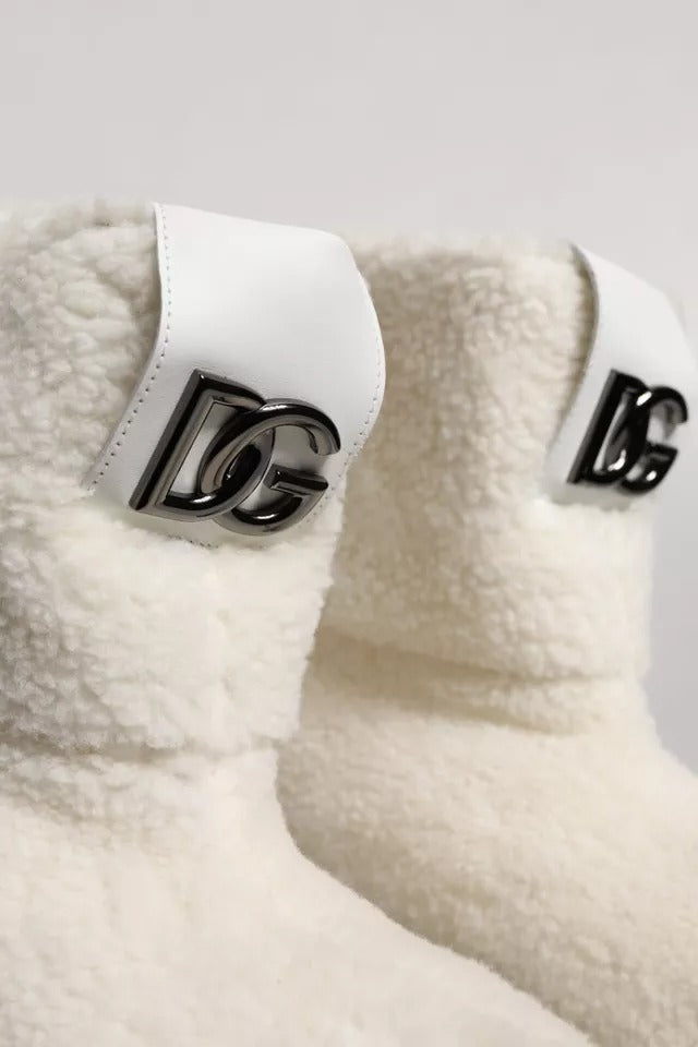 Dolce & Gabbana White Plush Logo Padded Mid Calf Boots