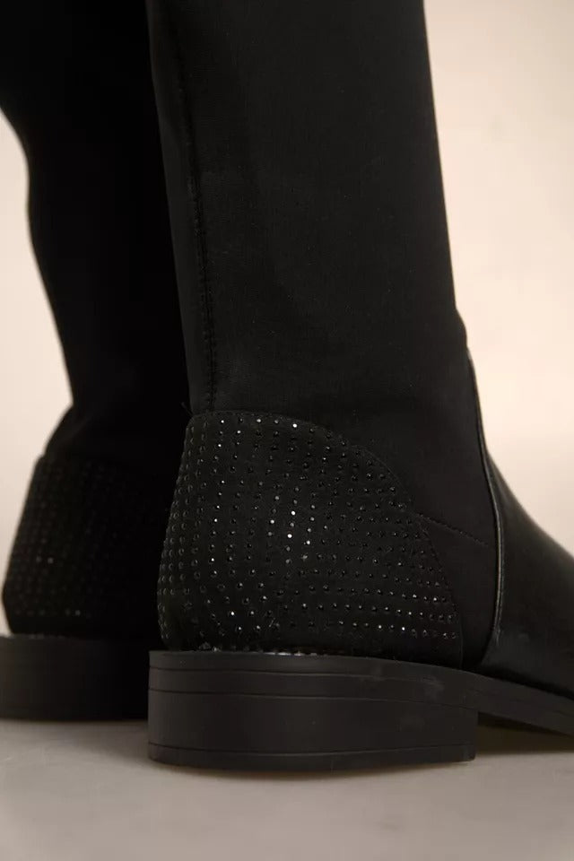MY TWIN Black Leather Suede Flats High Boots Shoes - Elegant Style and Comfort