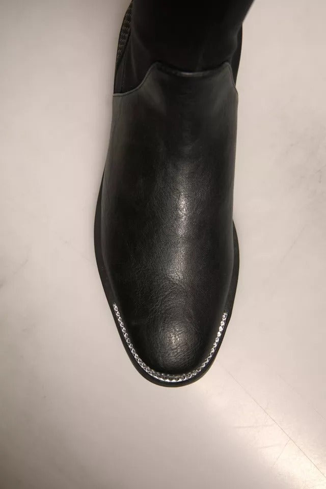 MY TWIN Black Leather Suede Flats High Boots Shoes - Elegant Style and Comfort