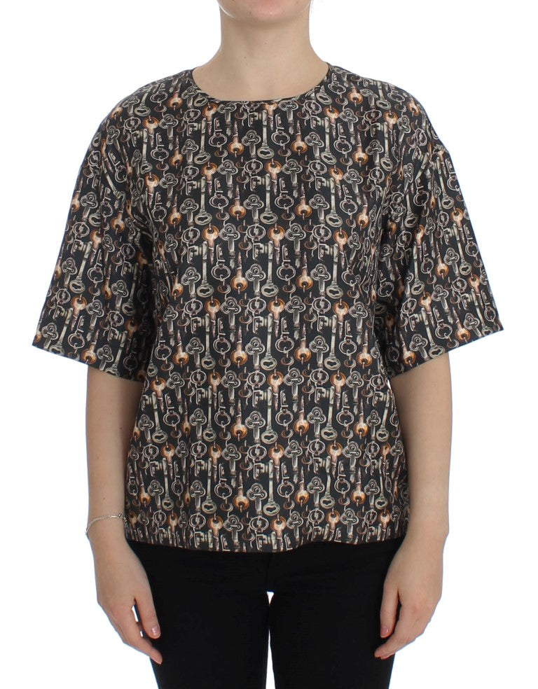 - Enchanted Sicily Silk Blouse with Medieval Keys Print