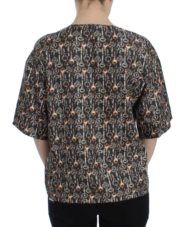 - Enchanted Sicily Silk Blouse with Medieval Keys Print