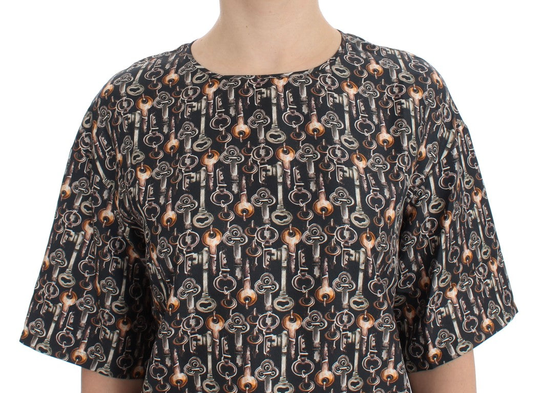 - Enchanted Sicily Silk Blouse with Medieval Keys Print