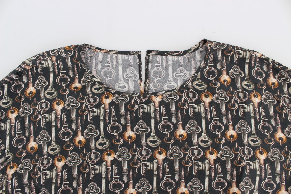 - Enchanted Sicily Silk Blouse with Medieval Keys Print