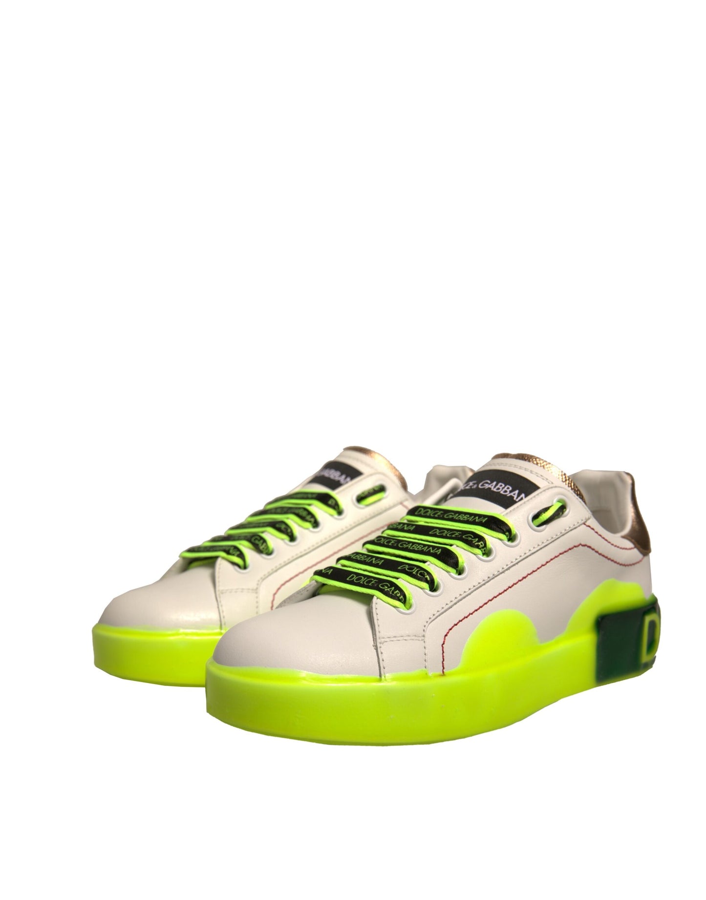 Dolce & Gabbana White Yellow Portofino Leather Sneakers