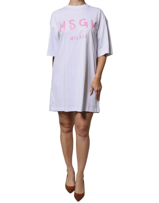 MSGM White Logo Print Cotton T-Shirt Mini Dress