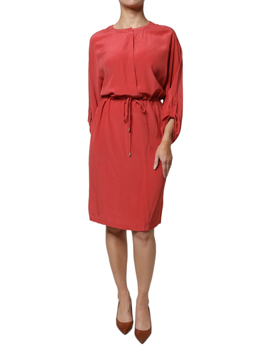 Peserico Red Long Sleeved Pencil Cut Drawstring Waist Dress