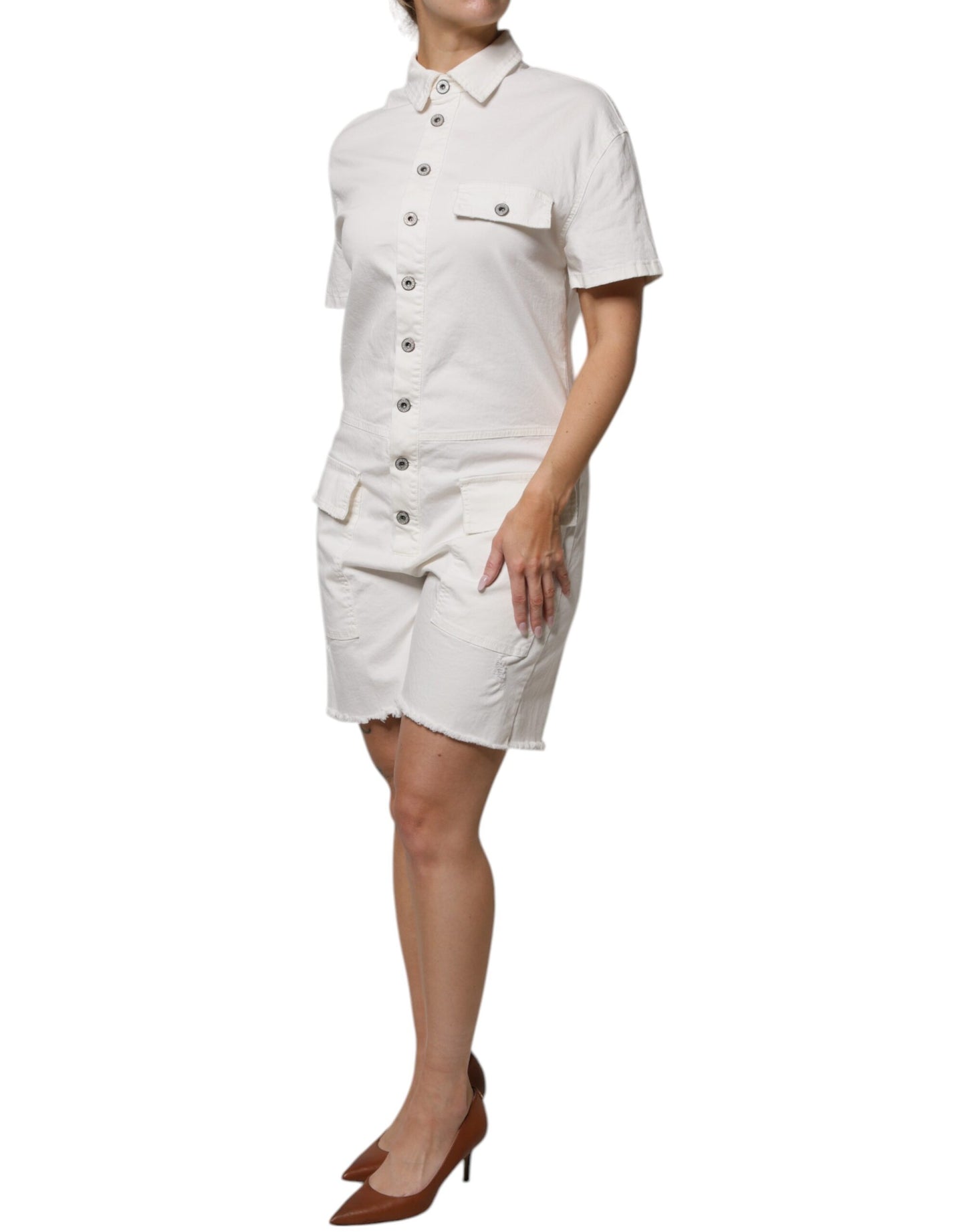 Please White Cotton Short Sleeves Shirt Style Knee Length Jumpsuit