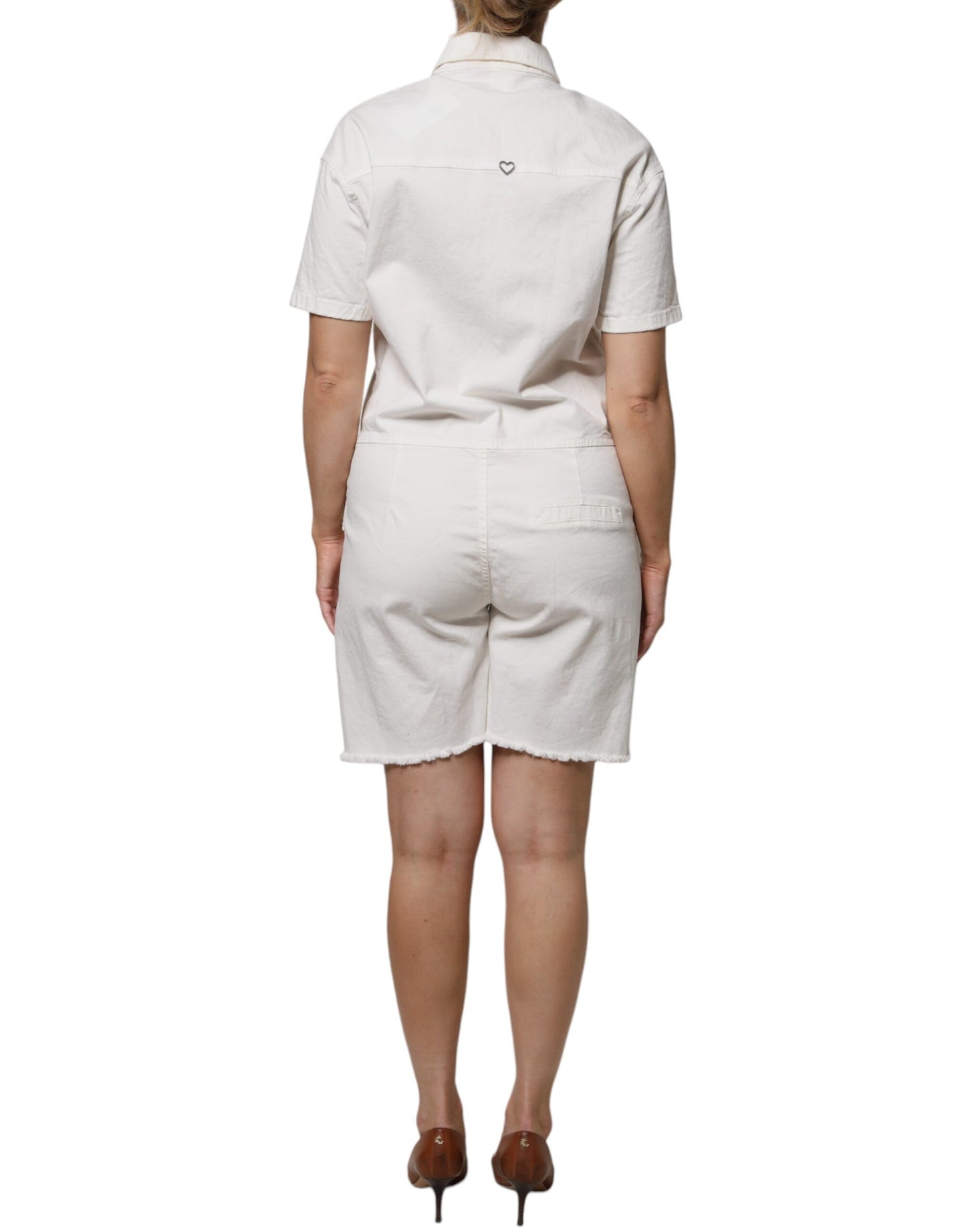 Please White Cotton Short Sleeves Shirt Style Knee Length Jumpsuit