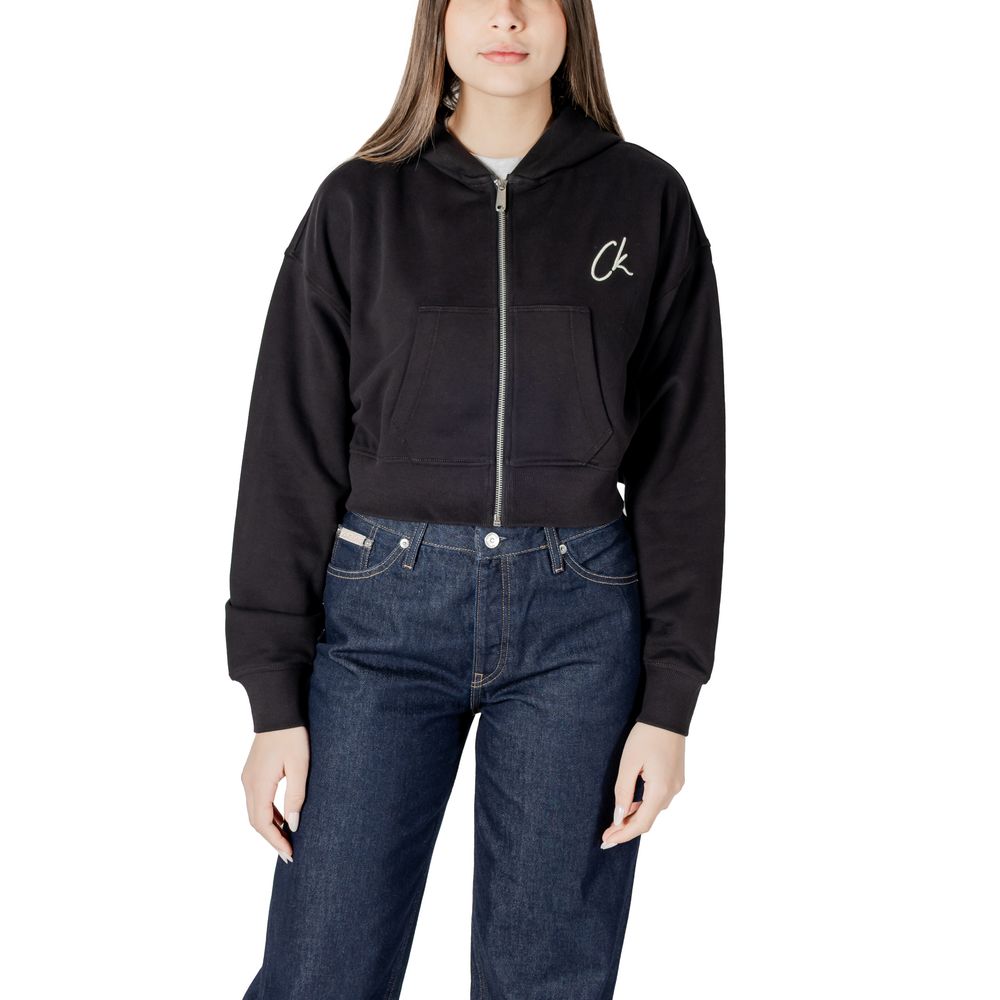 Calvin Klein Jeans Black Cropped Cotton Hooded Sweatshirt