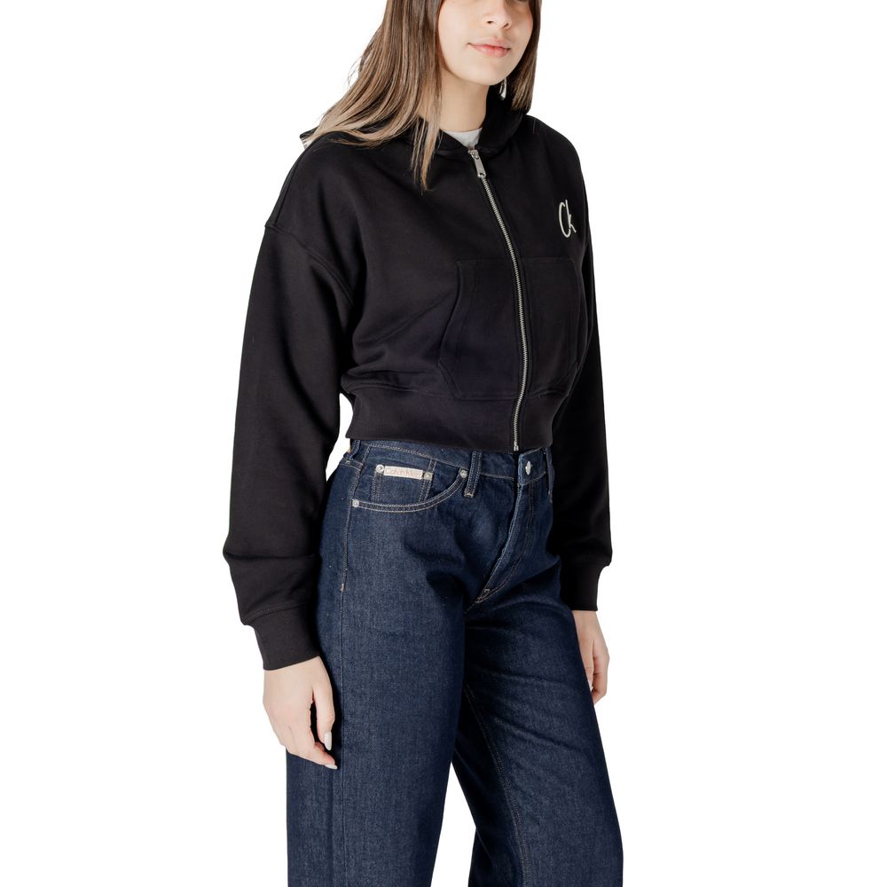 Calvin Klein Jeans Black Cropped Cotton Hooded Sweatshirt