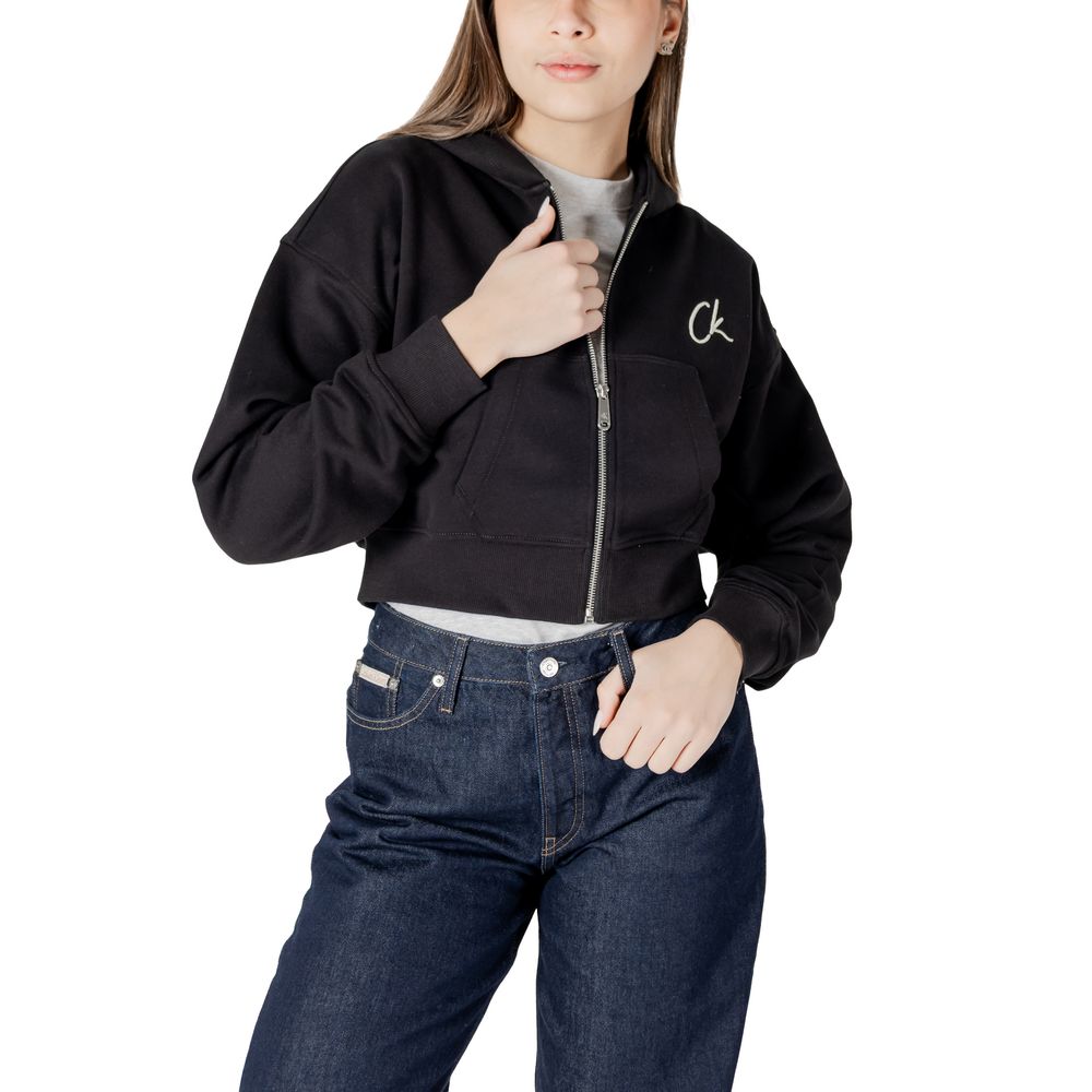 Calvin Klein Jeans Black Cropped Cotton Hooded Sweatshirt