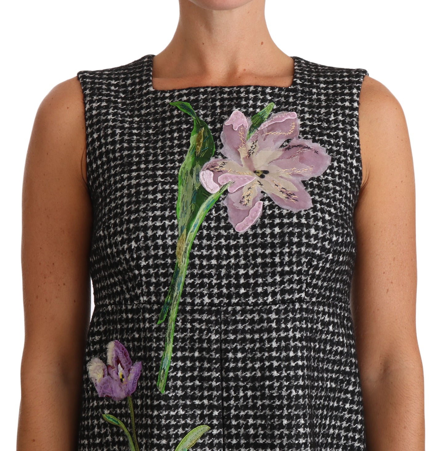 - Houndstooth Floral Appliqué Shift Dress