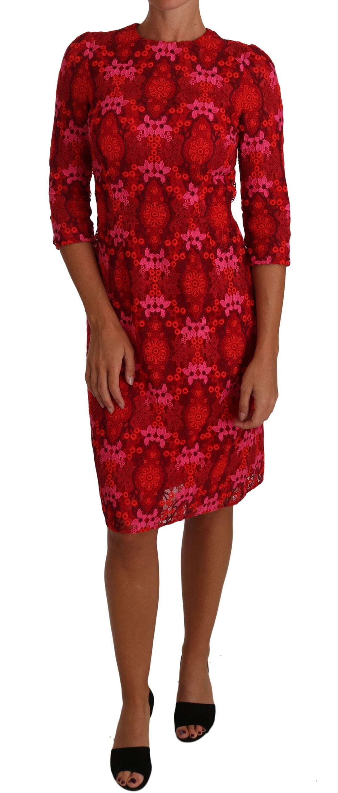 - Elegant Floral Crochet Knee-Length Dress