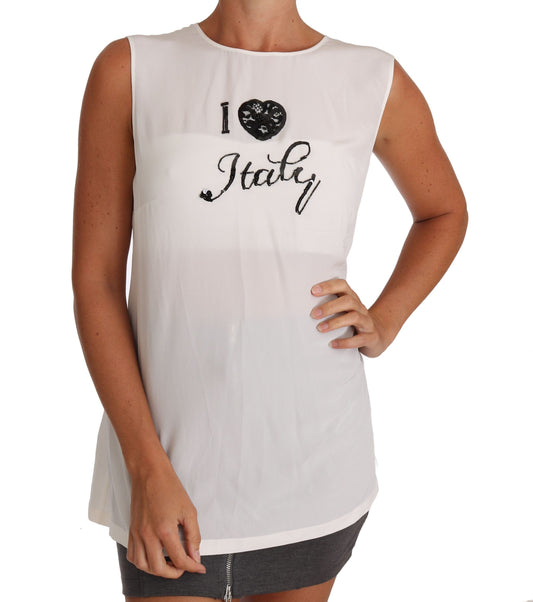 Dolce & Gabbana White Silk I LOVE ITALY Casual Top with Lace Detail | 100% Authentic