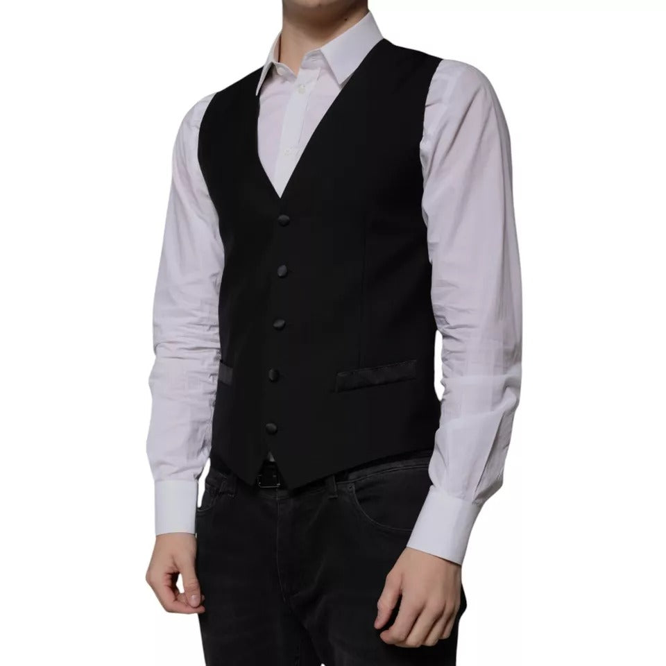 Dolce & Gabbana Black Wool Formal Dress Waistcoat Vest