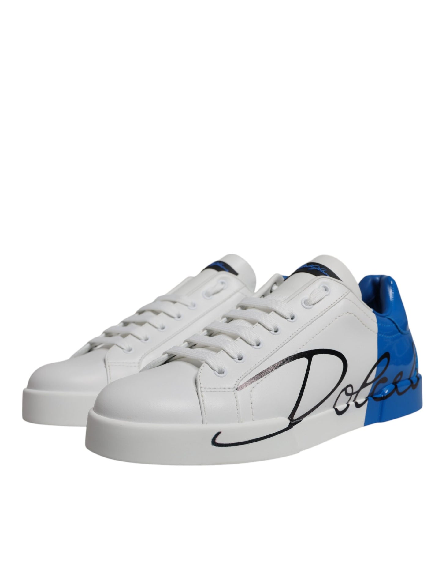 Dolce & Gabbana White & Blue Leather Logo Portofino Sneakers for Men