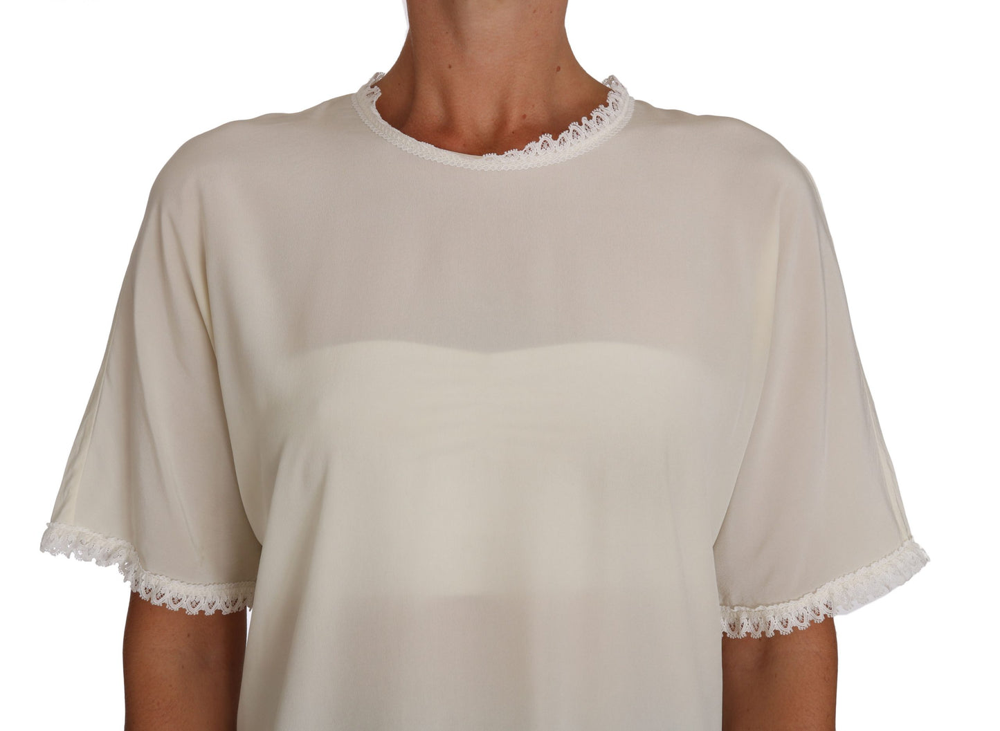 - Cream Silk Lace-Detailed Blouse Top
