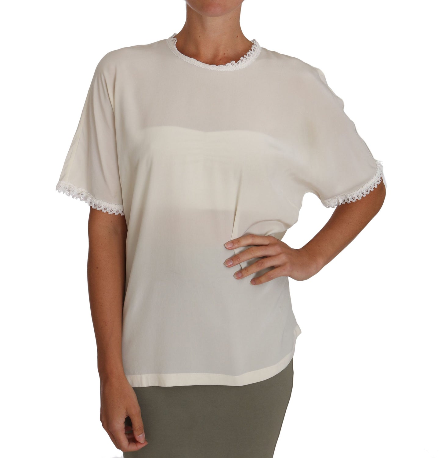 - Cream Silk Lace-Detailed Blouse Top