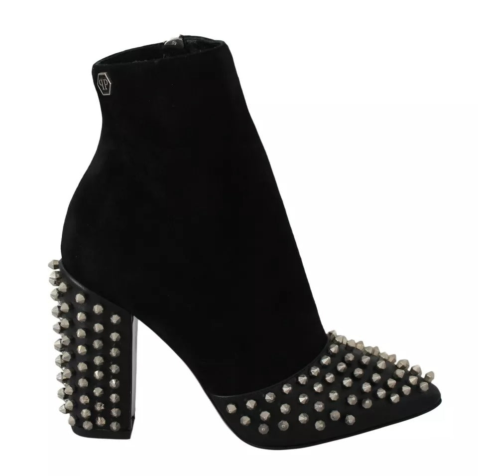 Philipp Plein Black Suede Studded Heels Ankle Boots