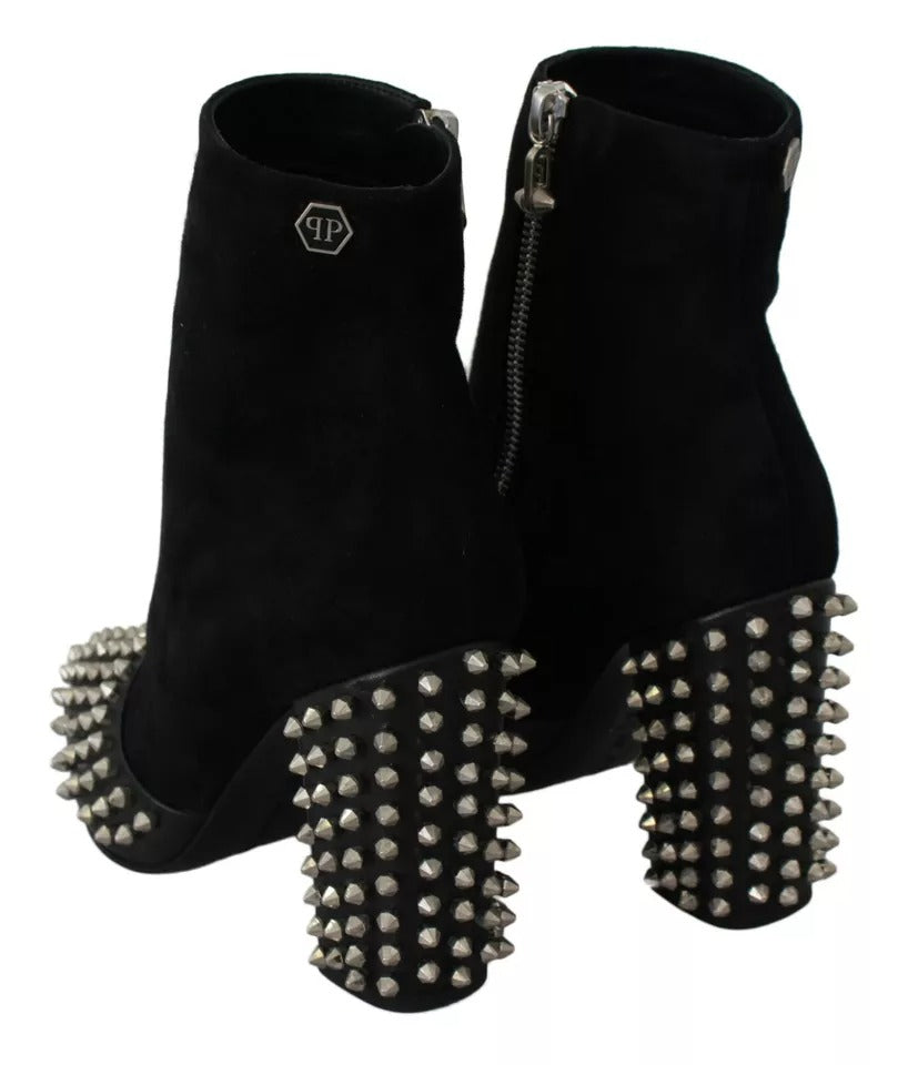 Philipp Plein Black Suede Studded Heels Ankle Boots
