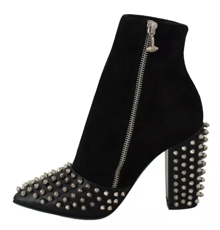 Philipp Plein Black Suede Studded Heels Ankle Boots