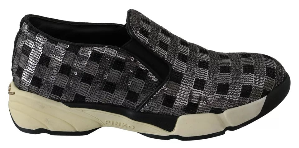 PINKO Silver Black Slip-on Sequence Design Sneakers