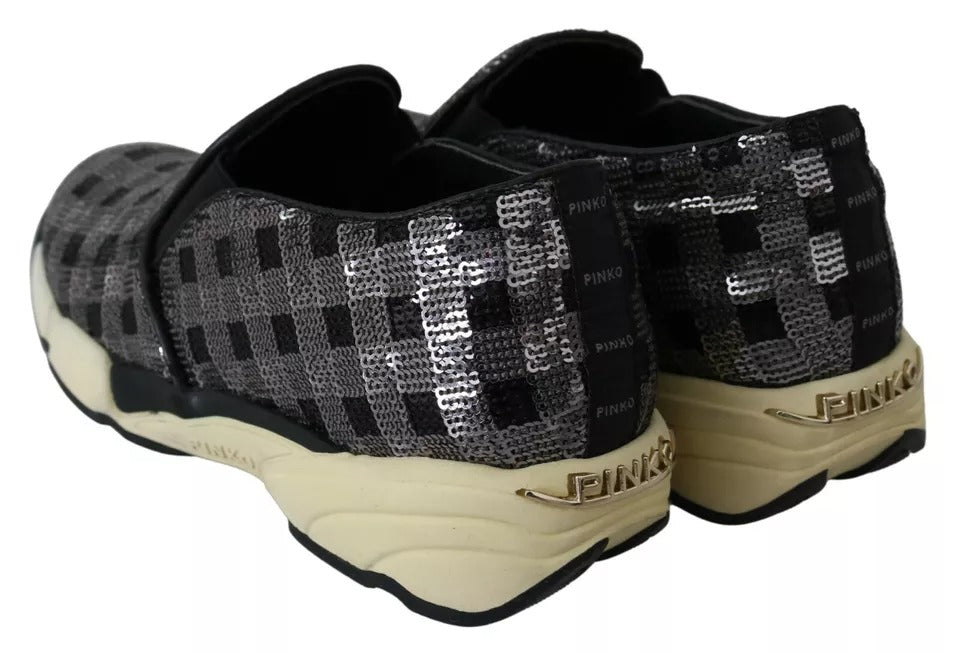 PINKO Silver Black Slip-on Sequence Design Sneakers