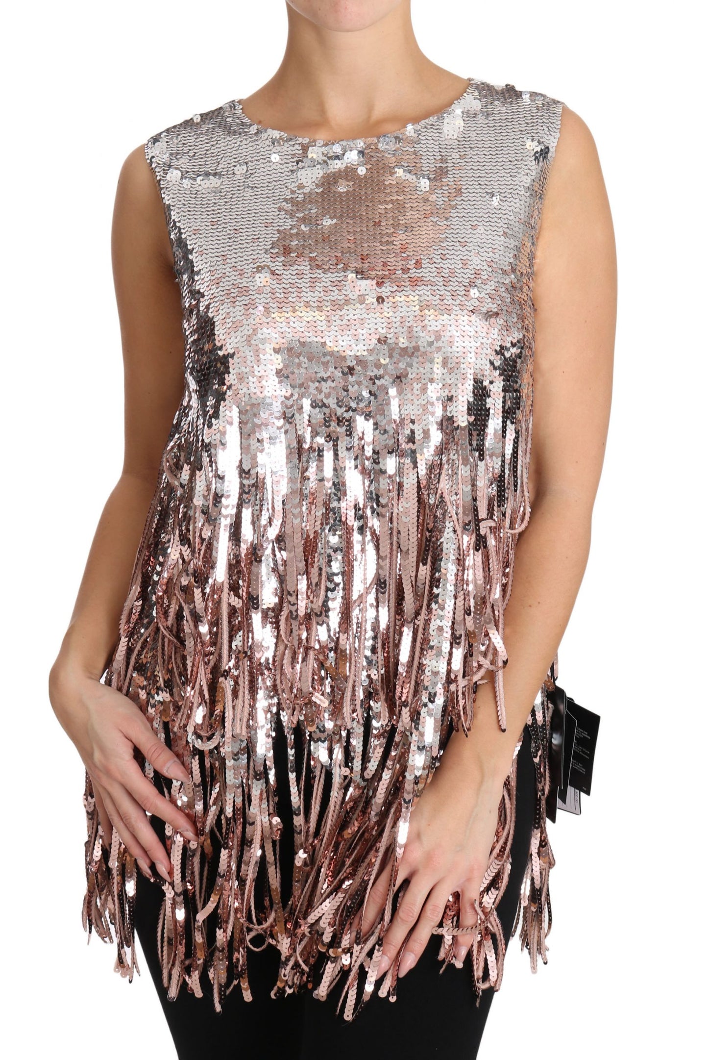 - Golden Pink Sequined Fringe Elegance Top