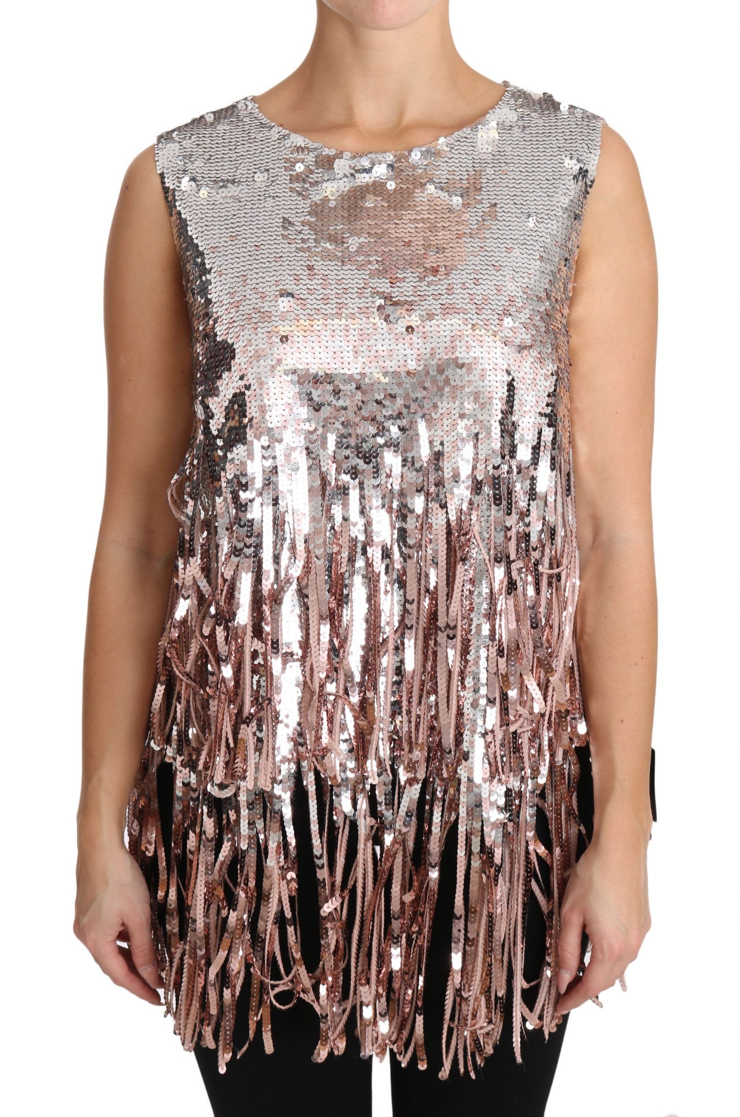 - Golden Pink Sequined Fringe Elegance Top