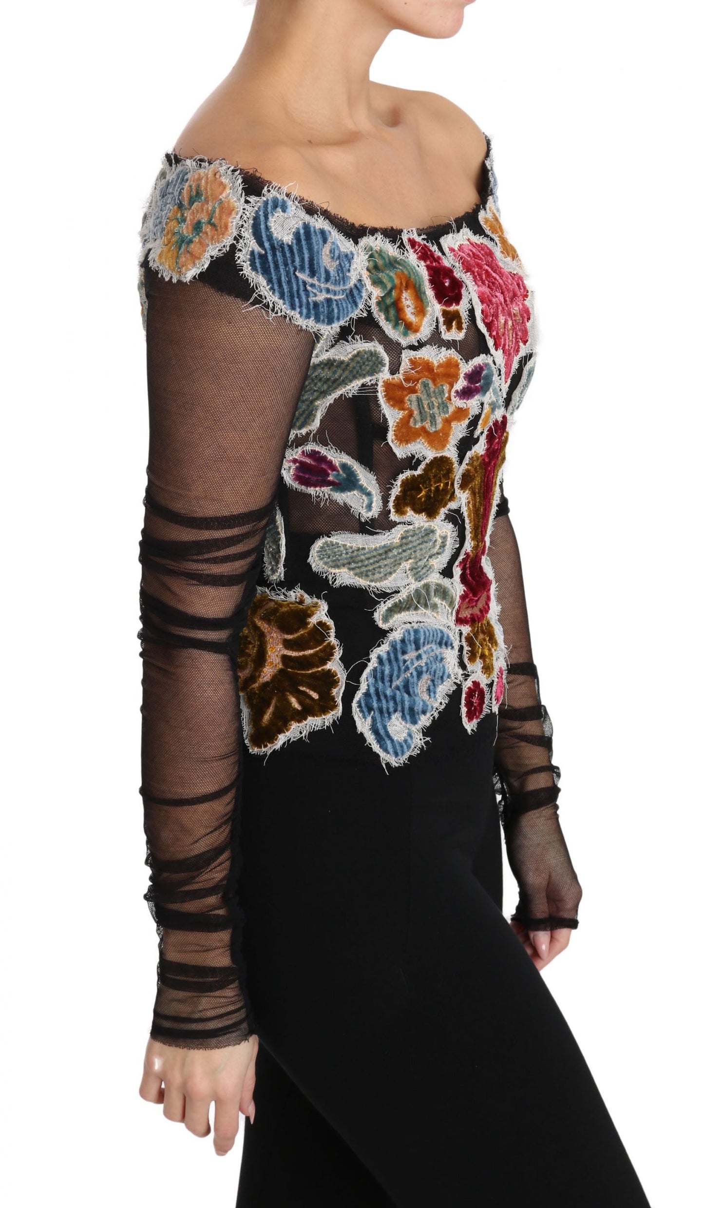 - Elegant Floral Applique Long Sleeve Top