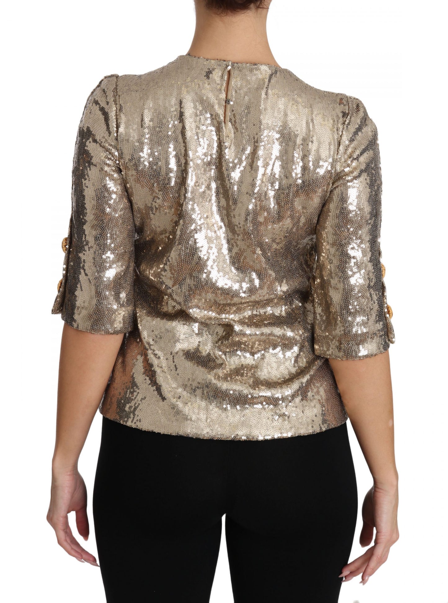 - Gold Parrot Motif Crewneck Blouse with Crystals