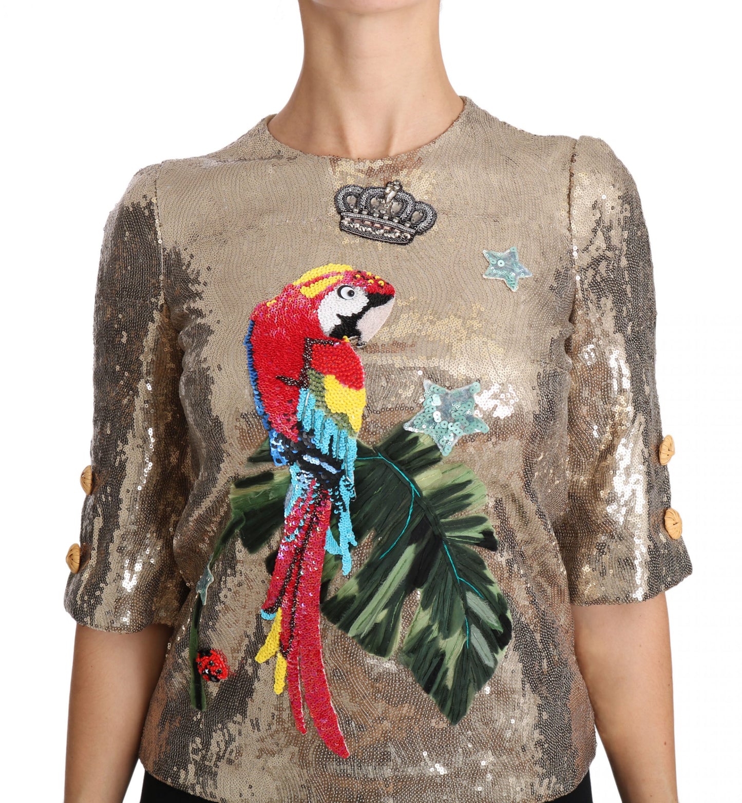 - Gold Parrot Motif Crewneck Blouse with Crystals