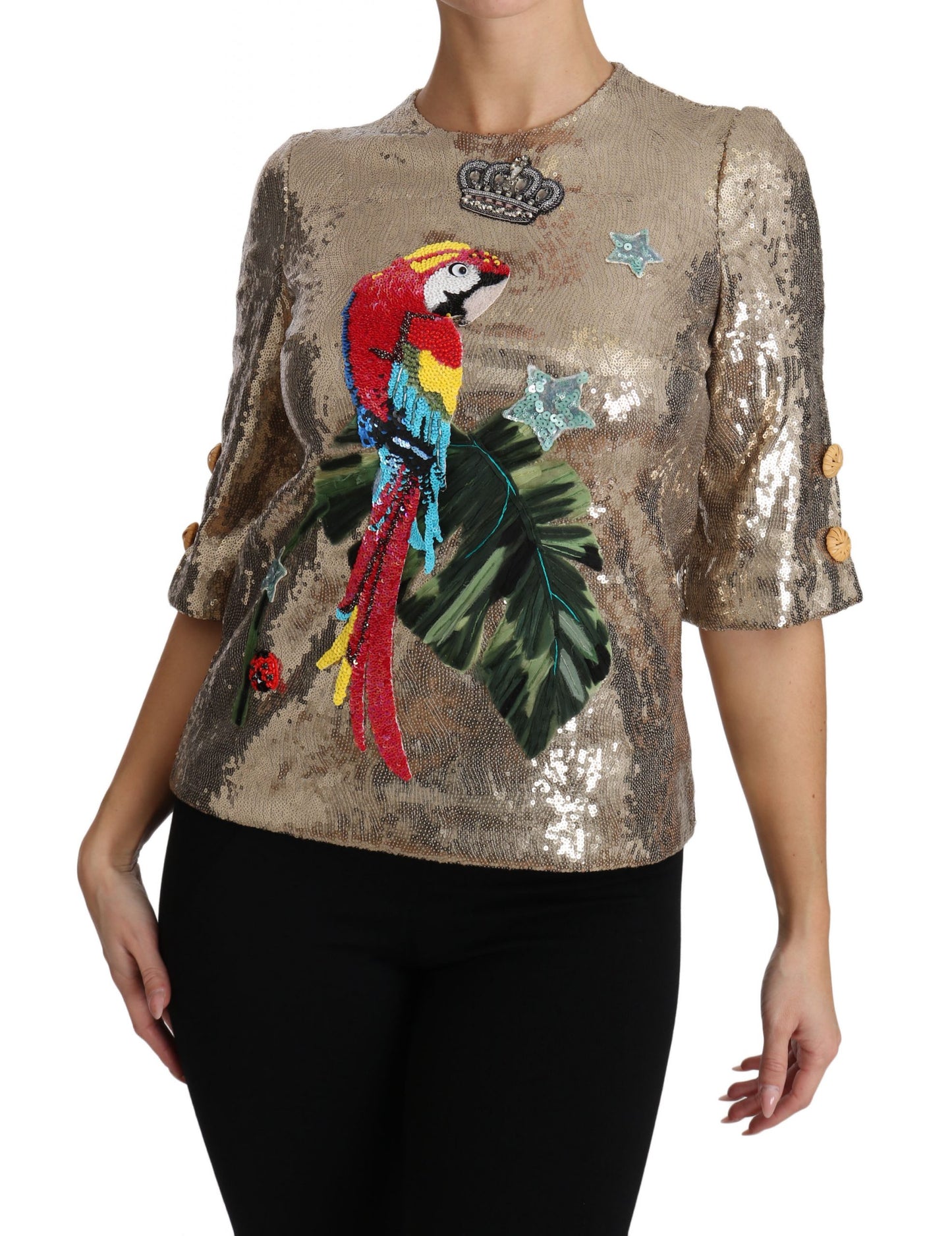 - Gold Parrot Motif Crewneck Blouse with Crystals