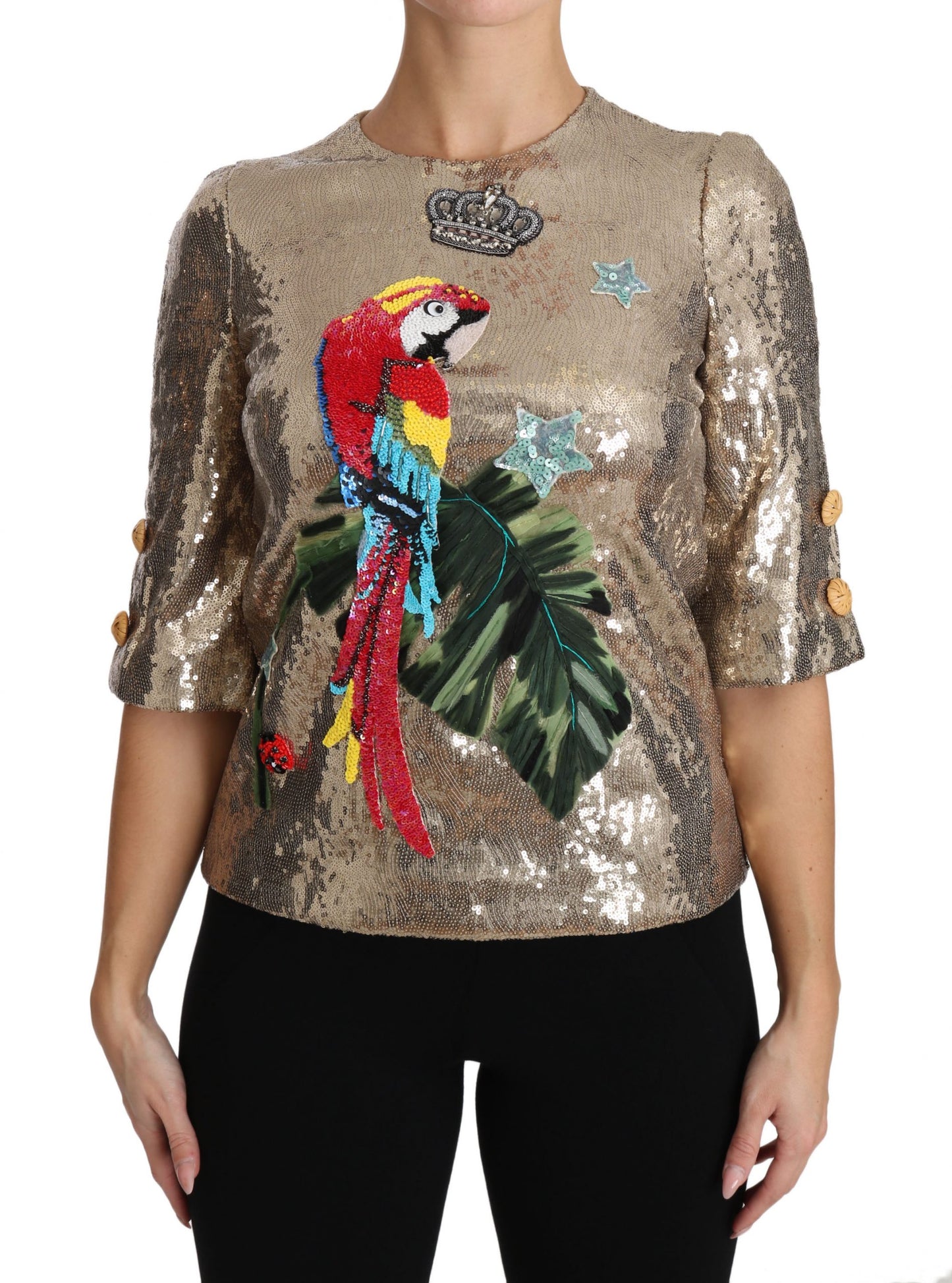 - Gold Parrot Motif Crewneck Blouse with Crystals