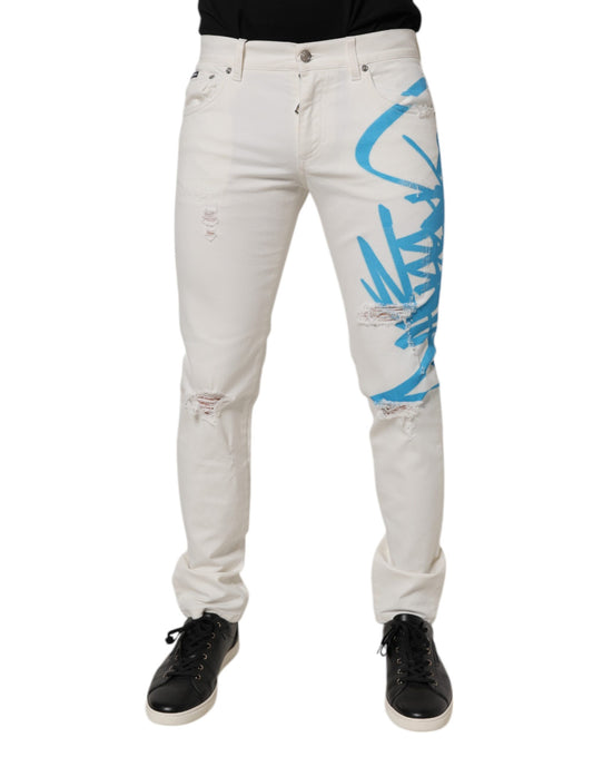 Dolce & Gabbana White Tattered Graffiti Skinny Denim Jeans for Men